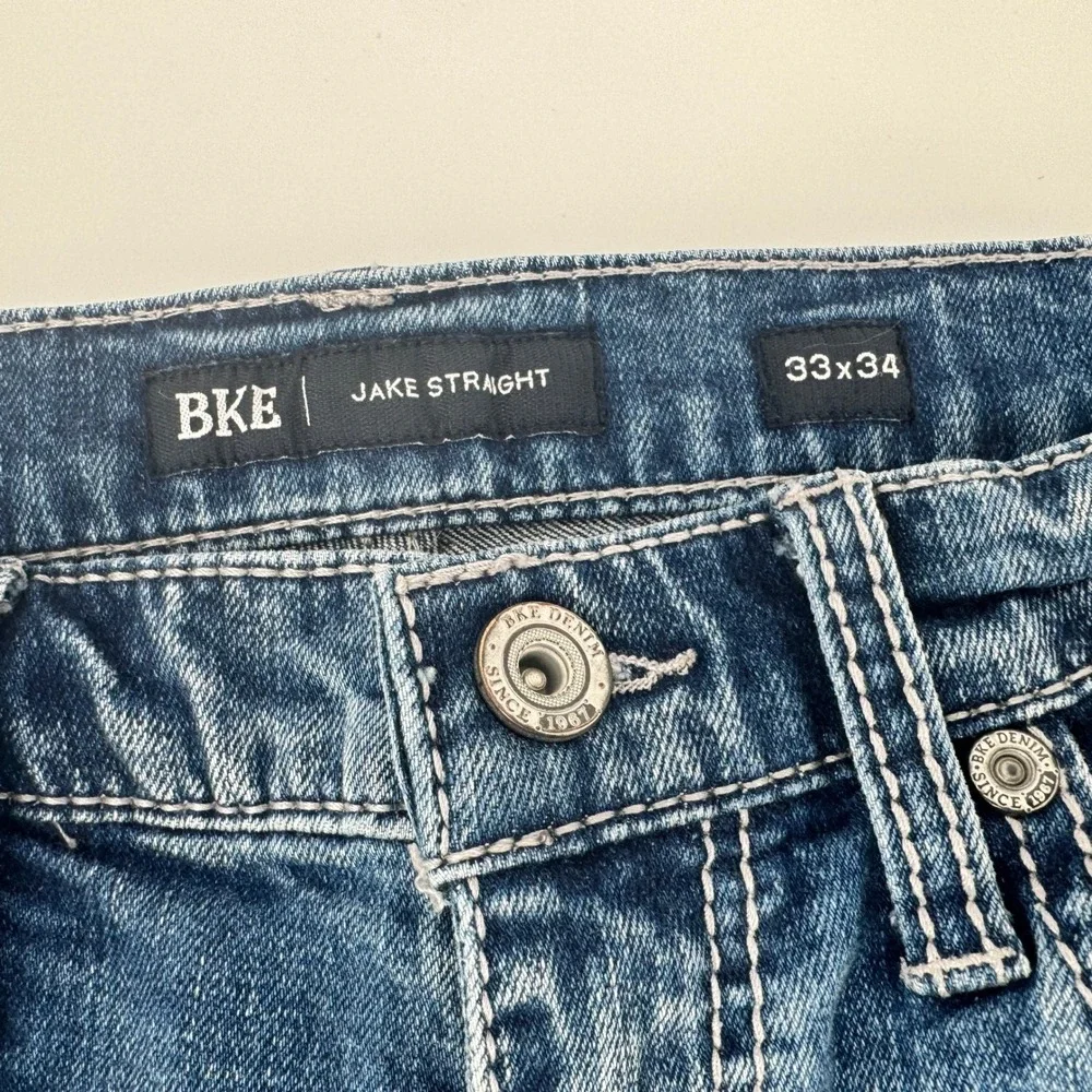 BKE Jake Straight Jeans Mens 33x34 Blue‎ Distressed Ripped Denim Stretch Pants